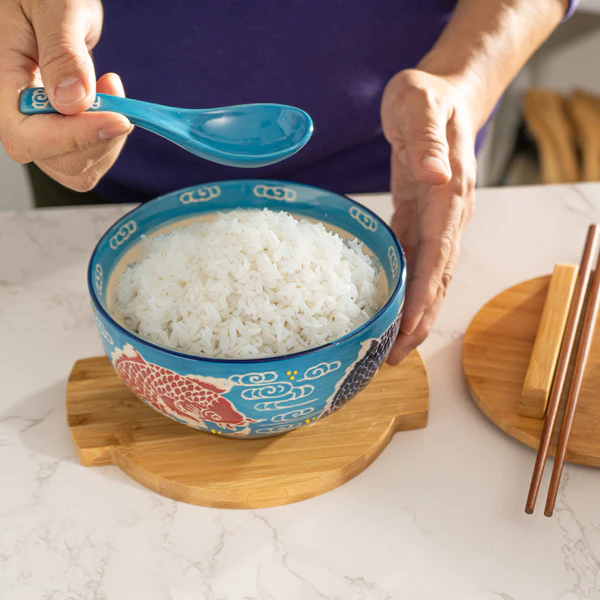 Japan Koi Fish Bowl w/ Chopsticks, Spoon, Lid and Trivet Set