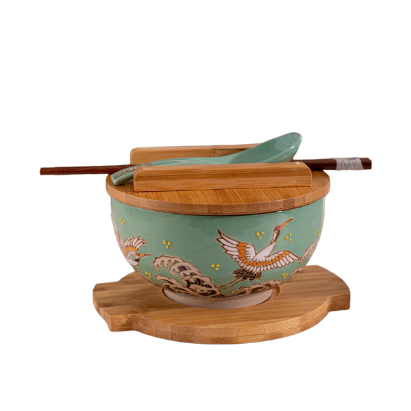 Japanese Crane Bowl w/ Chopsticks, Spoon, Lid and Trivet Set
