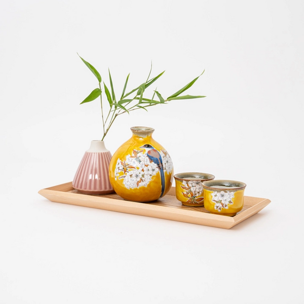 Handmade Kutani Cherry Blossom Bird Sake Gift Set - Yellow