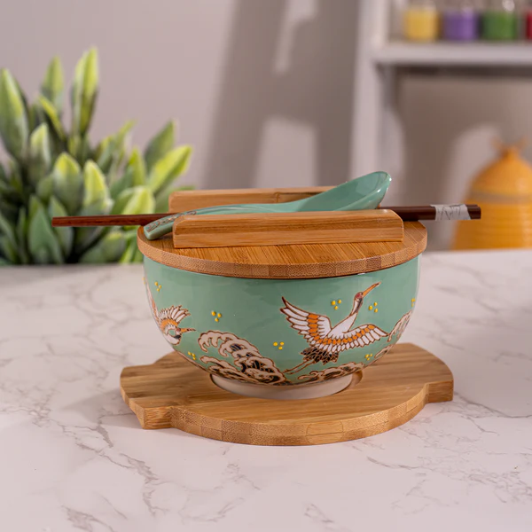 Japanese Crane Bowl w/ Chopsticks, Spoon, Lid and Trivet Set