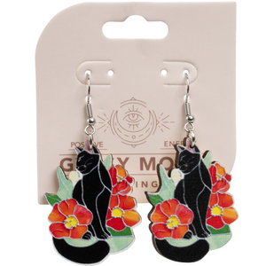 WOOD CAT SITTING W/FLOWERS EARRINGS
