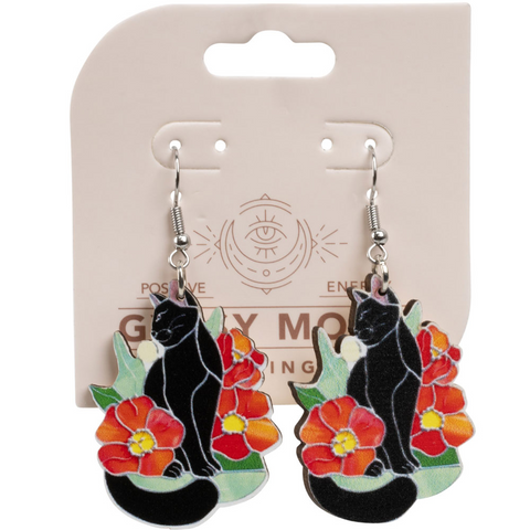 WOOD CAT SITTING W/FLOWERS EARRINGS