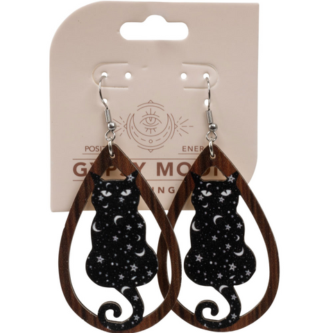 WOOD MOON AND STARS BLACK CAT EARRINGS