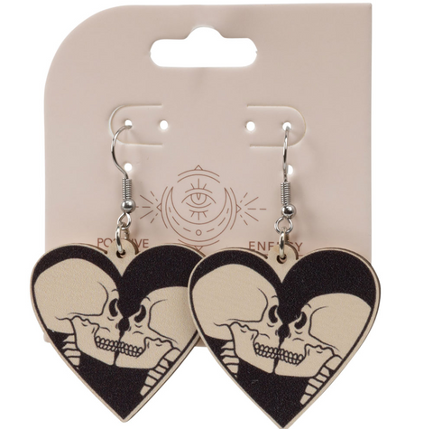 WOOD SKULL HEART EARRINGS