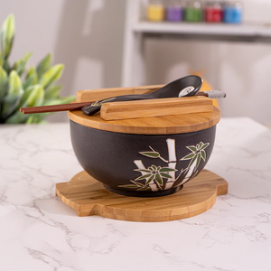 Bamboo Bowl w/ Chopsticks, Spoon, Lid and Trivet Set