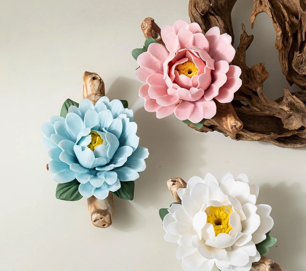 Handmade Ceramic Roselle Flower Incense Holder - Pink (w/ incense)
