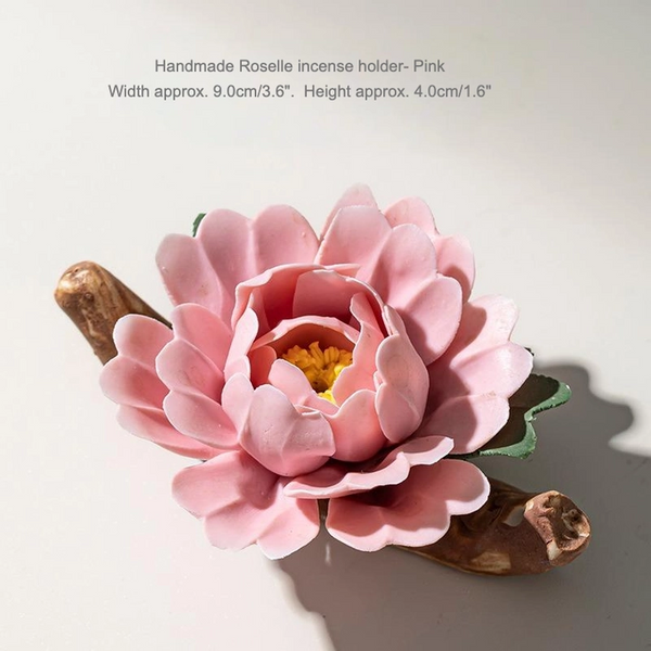 Handmade Ceramic Roselle Flower Incense Holder - Pink (w/ incense)