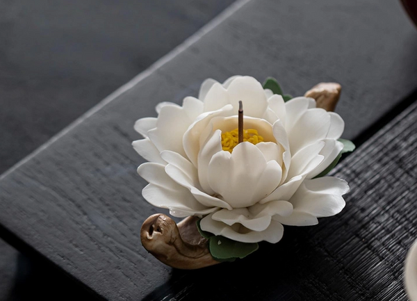 Handmade Ceramic Roselle Flower Incense Holder - Pink (w/ incense)
