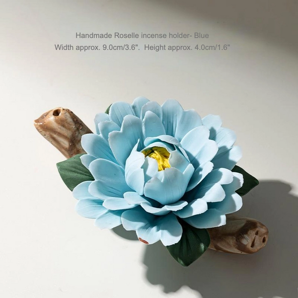 Handmade Ceramic Roselle Flower Incense Holder - Blue (w/ incense)