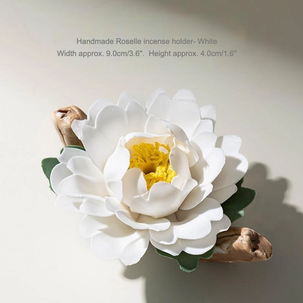 Handmade Ceramic Roselle Flower Incense Holder - White (w/ incense)
