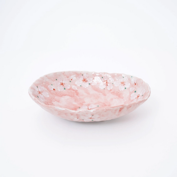 Handmade Pink Cherry Blossom Mino Ware Oval Serving Bowl