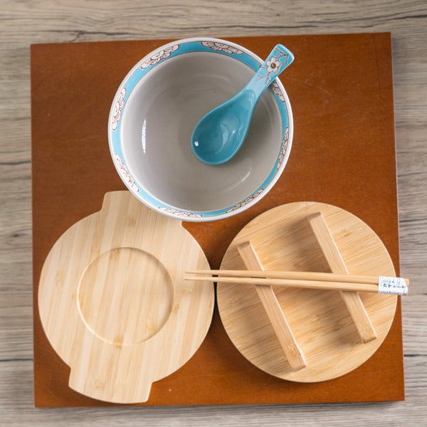 Spring Blossoms  Bowl with Chopsticks, Spoon Bamboo Lid and Trivet Set