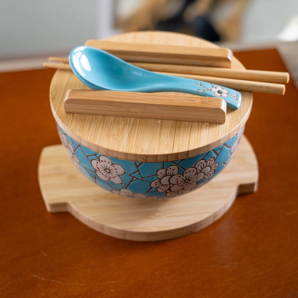 Spring Blossoms  Bowl with Chopsticks, Spoon Bamboo Lid and Trivet Set