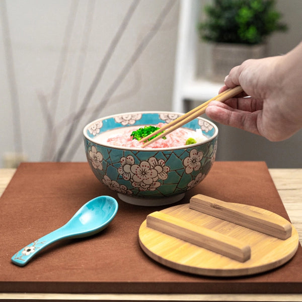 Spring Blossoms  Bowl with Chopsticks, Spoon Bamboo Lid and Trivet Set