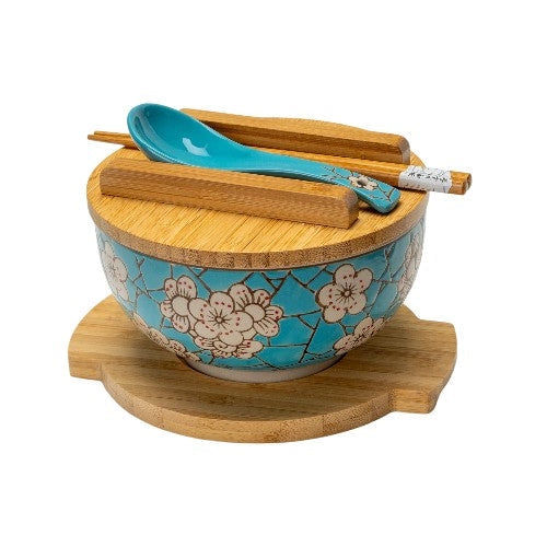 Spring Blossoms  Bowl with Chopsticks, Spoon Bamboo Lid and Trivet Set