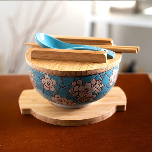 Spring Blossoms  Bowl with Chopsticks, Spoon Bamboo Lid and Trivet Set