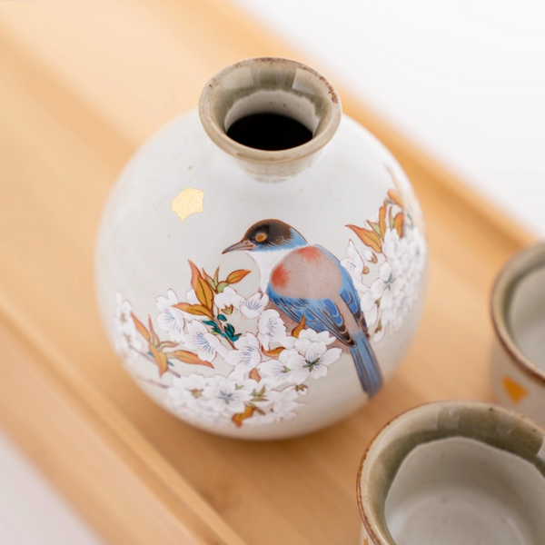 Handmade Kutani Cherry Blossom Bird Sake Gift Set