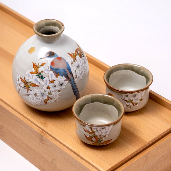 Handmade Kutani Cherry Blossom Bird Sake Gift Set