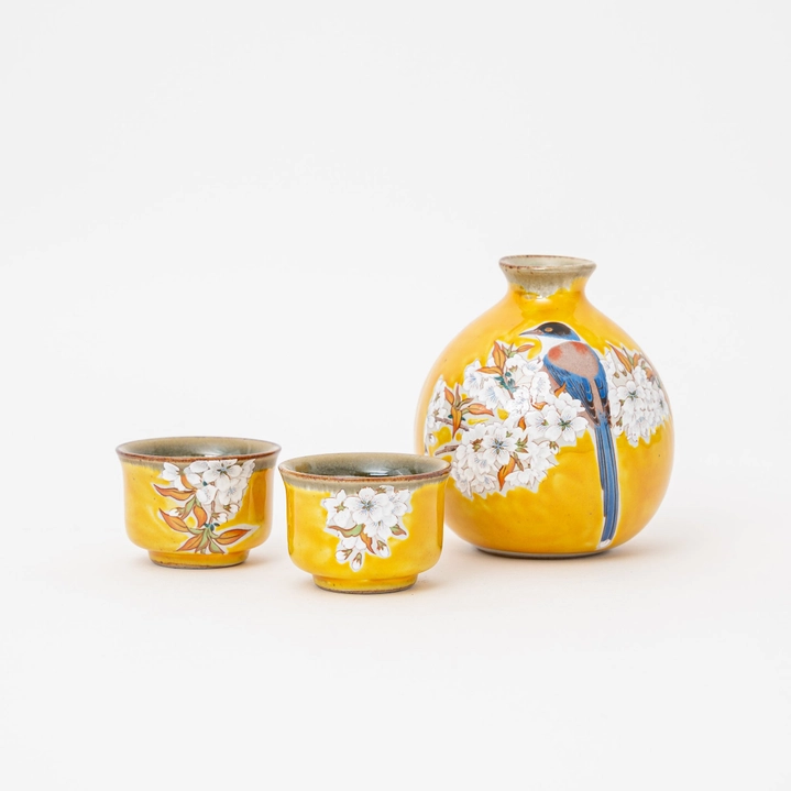 Handmade Kutani Cherry Blossom Bird Sake Gift Set - Yellow