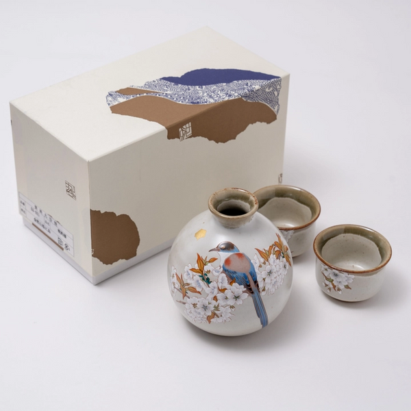 Handmade Kutani Cherry Blossom Bird Sake Gift Set