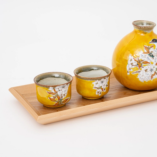 Handmade Kutani Cherry Blossom Bird Sake Gift Set - Yellow