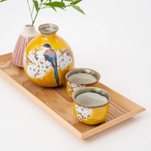 Handmade Kutani Cherry Blossom Bird Sake Gift Set - Yellow