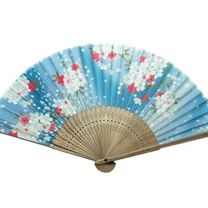 Light Blue With Cherry Blossoms  Silk Fan  & Brown Bamboo