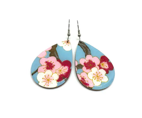 Turquoise and Red Cherry Blossom Tear Drop Earrings