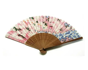 Light Pink With Multi White Flowers, Touches Green and Gold  Silk Fan & Brown Bamboo