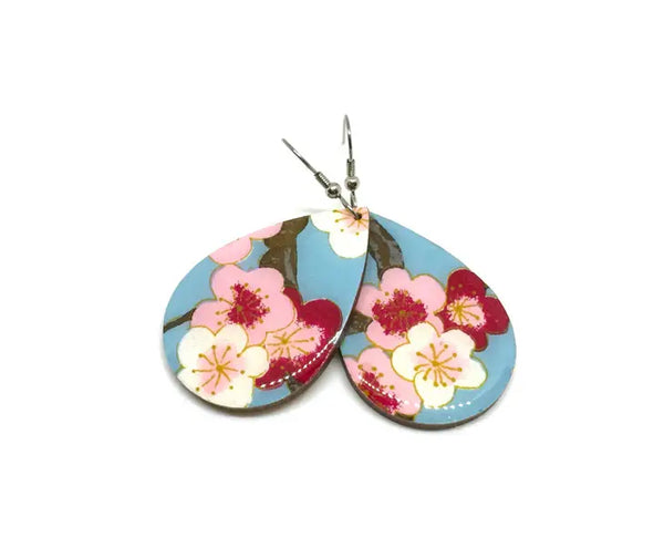 Turquoise and Red Cherry Blossom Tear Drop Earrings