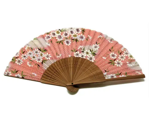 Pink Zig Zag Pattern with White Flowers & Green Leaves Silk Fan & Brown Bamboo