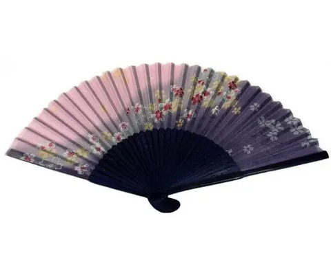 Purple & Pink Flowers  Silk Fan & Blue Bamboo