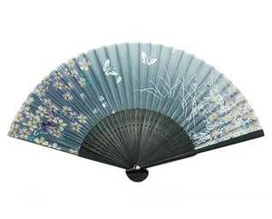 Gray With Butterflies And Petals Silk Fan & Black Bamboo