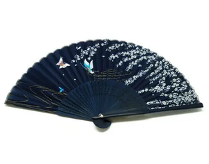 Deep Blue With Fine Flowers and Butterflies  Silk Fan & Blue Bamboo