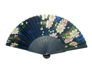 Deep Blue With Large Flowers And Gold Dust Silk Fan & Blue Bamboo