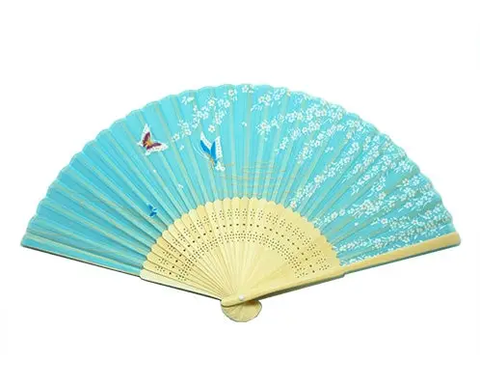 Light Blue With Cherry Blossoms  Silk Fan & Brown Bamboo